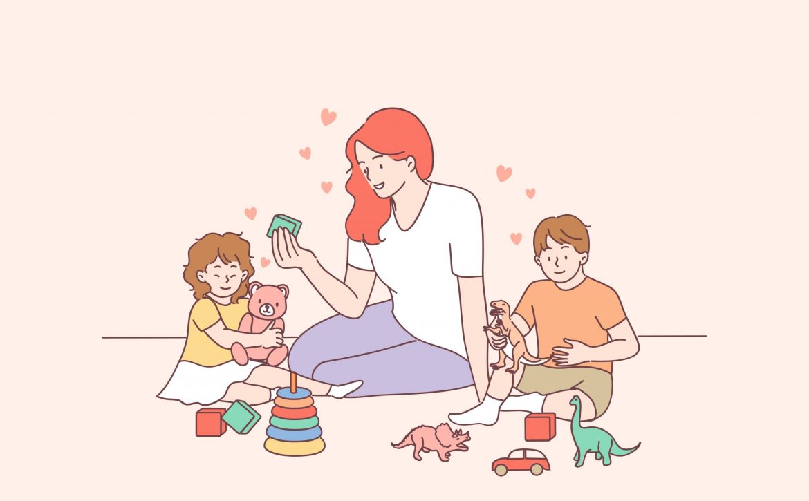 Playing with children, nanny, mother concept