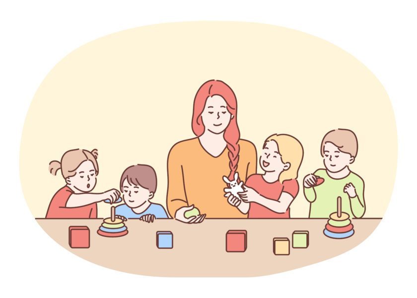 Nanny in kindergarten, babysitter, babysitting concept